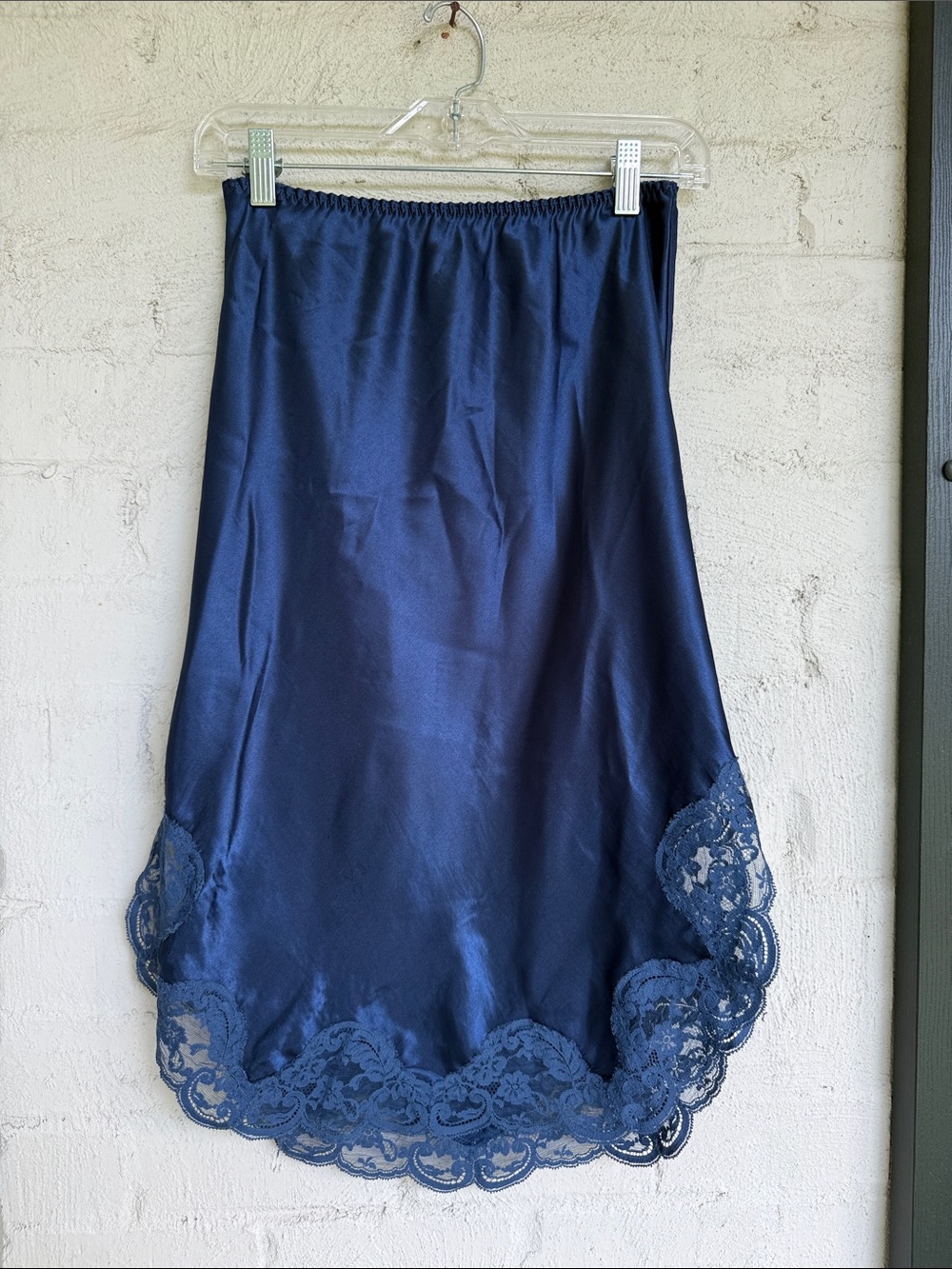 Vintage Navy Blue Satin Slip Skirt W Lace Trim Size Small - Picture 5 of 11